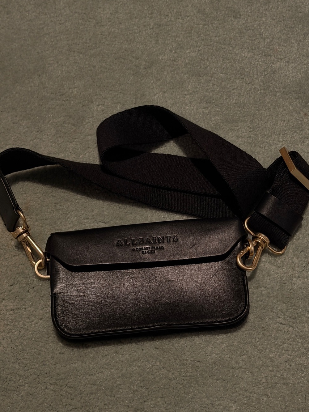 AllSaints Black Leather Belt Bag with Gold Hardware